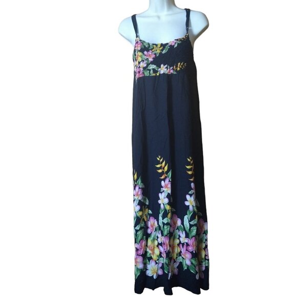 Island Planet Sleeveless Black Floral Maxi Dress With Side Slits Smocked - Picture 1 of 5